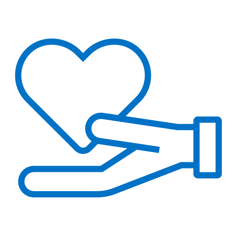 blue icon of hand and heart
